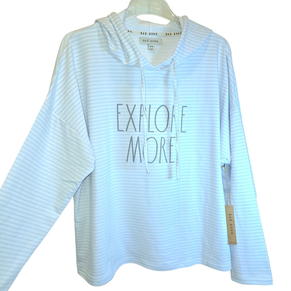 Rae Dunn Hoodie Sweatshirt Pullover Womens XL Top Stripe Long Sleeve Blue White